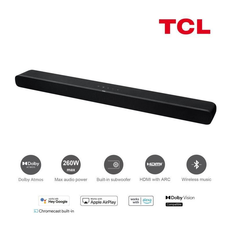 TCL TS8211 - Barre de son Dolby Atmos 2.1 avec caissons de basse integres - 260W - HDMI - Chromecast integre - Compatible Alexa
