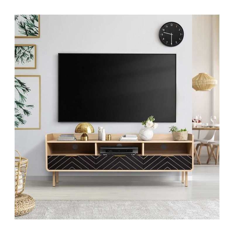 Meuble TV - Style chic - Panneaux de particules - Chene et motifs - L 140 x l 40 x H 50 cm - Avec 3 tiroirs et 3 etageres - LINE