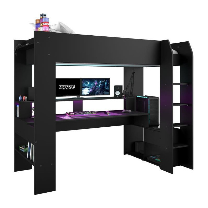Lit mezzanine combine enfant LED Gamer ONLINE - 90 x 200 cm - Noir mat - Sommier inclus - PARISOT