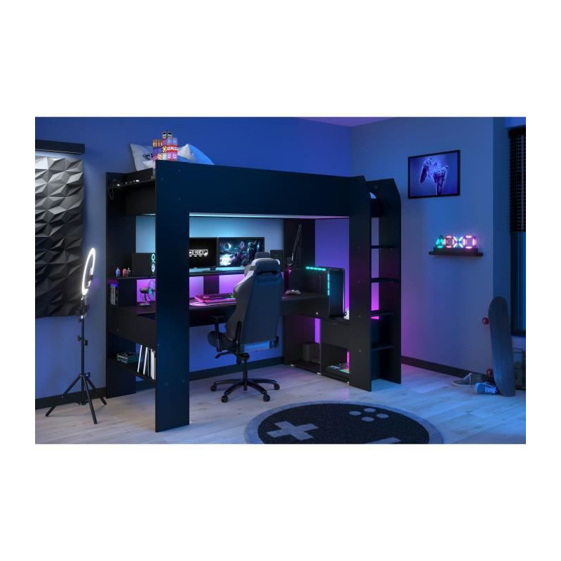 Lit mezzanine combine enfant LED Gamer ONLINE - 90 x 200 cm - Noir mat - Sommier inclus - PARISOT
