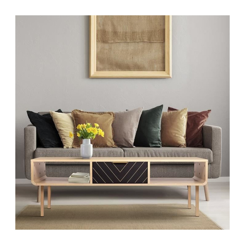 Table basse rectangulaire - En panneaux de particules, papier decor - Chene et motifs - Elegance - 2 tiroirs et 2 niches - LINE
