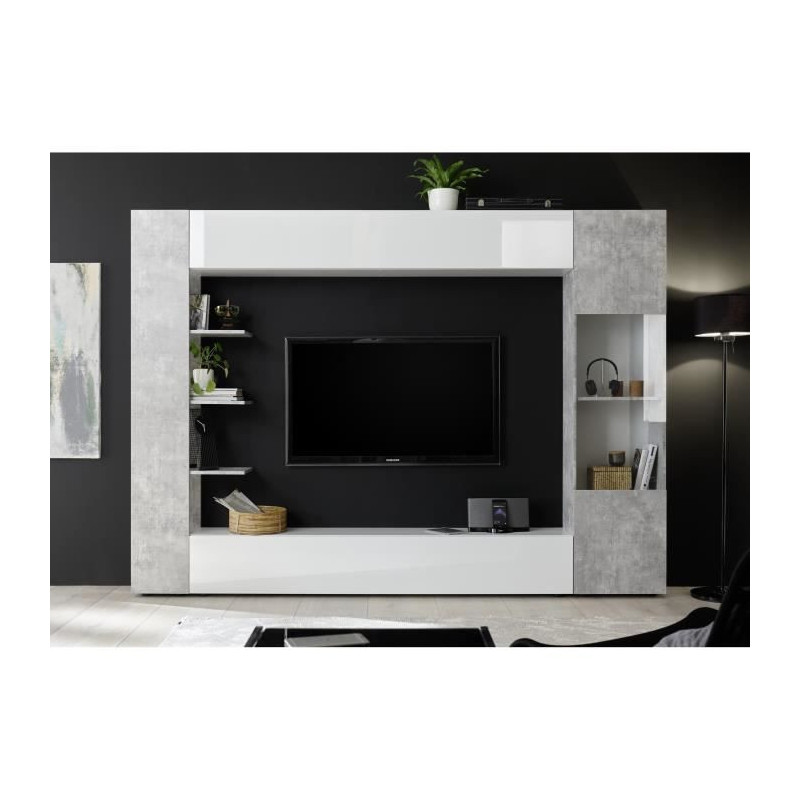 SIENNA Composition murale TV - Laque blanc et beton - L295 x P30 x H187 cm