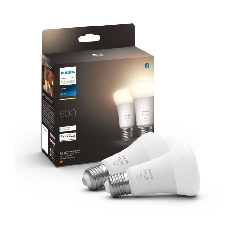 PHILIPS Hue White Ampoules LED connectees E27 - Compatible Bluetooth pack de 2