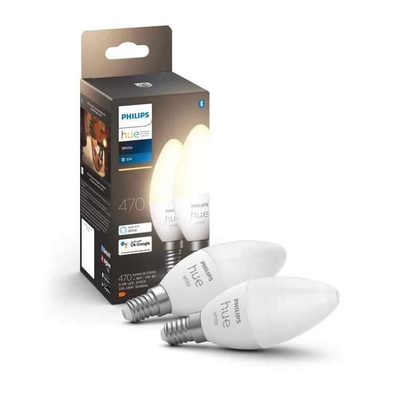 PHILIPS Hue White - Ampoules LED connectees E14 - Compatible Bluetooth - Pack de 2