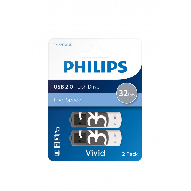 Pack de 2 clés USB 2.0 Philips Vivid 32 Go Gris et Blanc