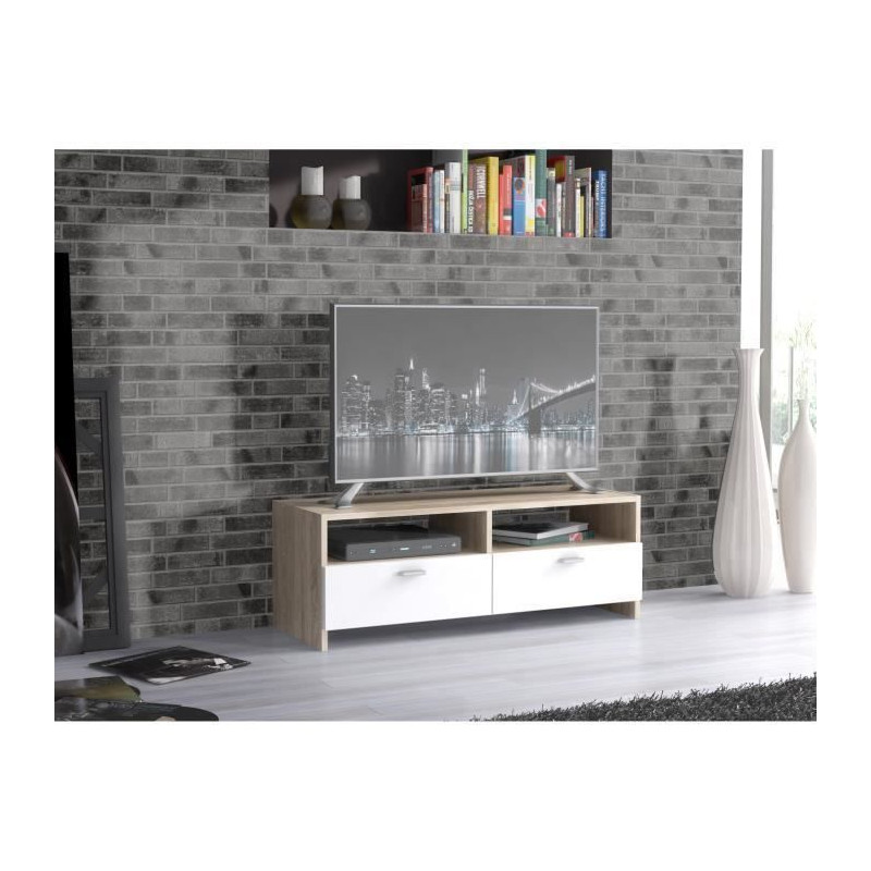 FINLANDEK Meuble TV HELPPO contemporain blanc mat et decor chene - L 95 cm