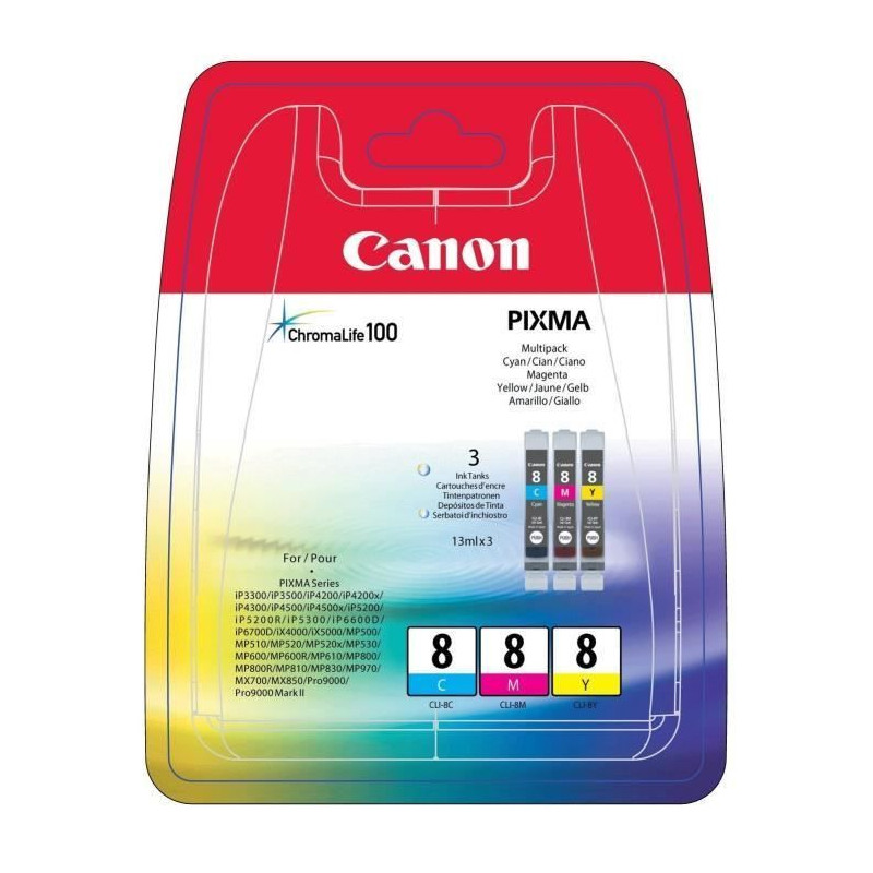 CANON Pack 3 Cartouches CLI-8 C/M/Y - 3 couleurs - pour impression photo