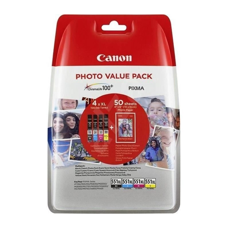 CANON Pack cartouches dencres photo CLI-551XL - Noir, Cyan, Magenta et Jaune