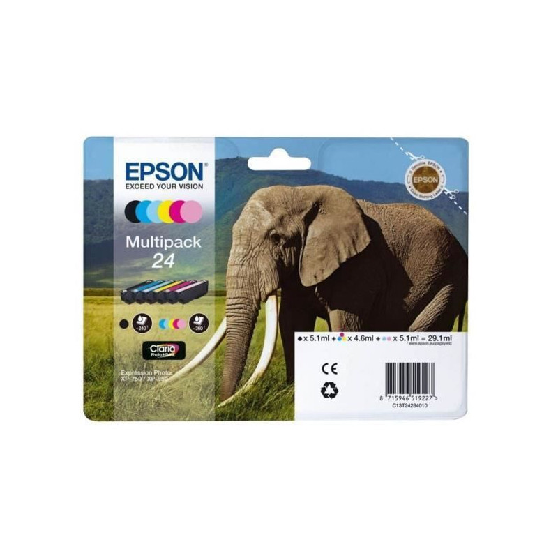 Epson Cartouche Multipack 24 Elephant Claria Photo HD - Noir + 5 Couleurs