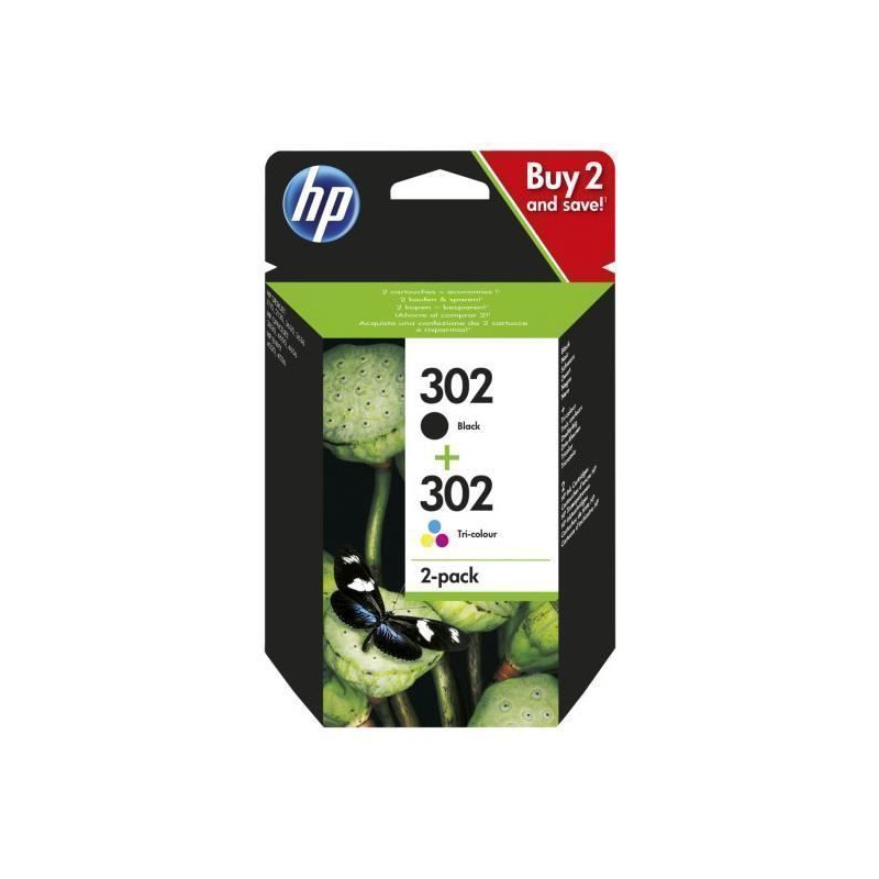 HP 302 pack de 2 cartouches dencre noire/trois couleurs authentiques pour HP DeskJet 2130/3630 et HP OfficeJet 3830 X4D37AE
