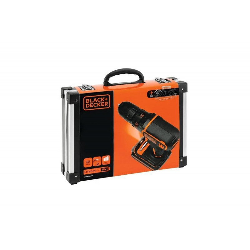 BLACK + DECKER BDCDC18BAFC - Perceuse-visseuse - Batterie Li Ion 2x18 V + 80 accessoires - Orange