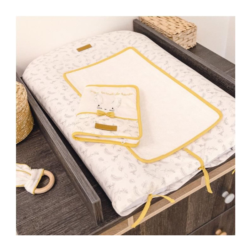 DOMIVA Protege carnet de sante Leafy Bunny - Coton bio + Polyester recylcle - Fermeture zip - Blanc/Jaune - 17 x 26 cm