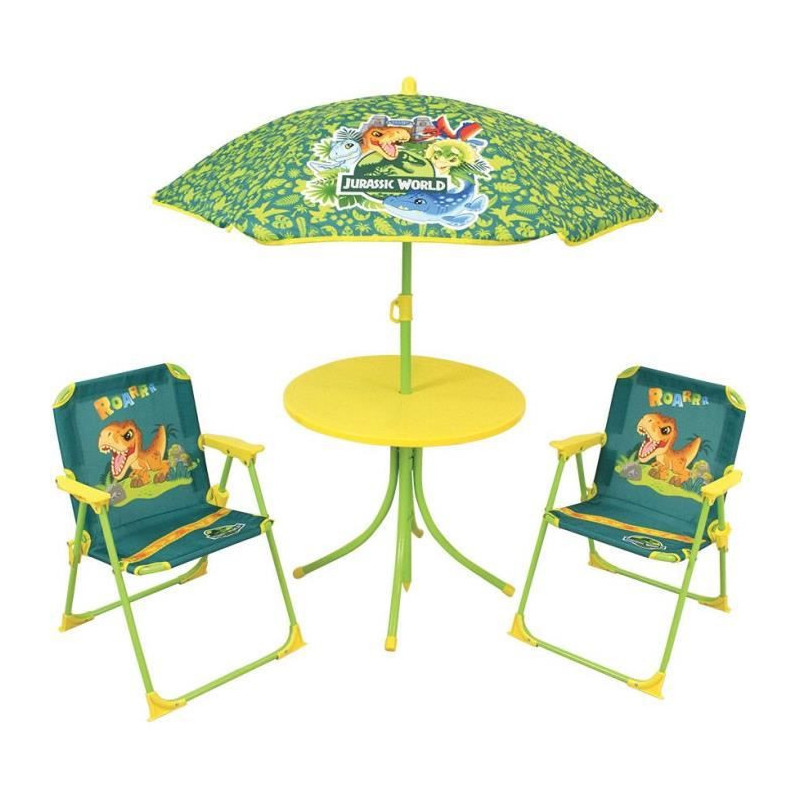 FUN HOUSE Jurassic Salon de jardin dinosaures - 1 table 46 x o46 cm, 2 chaises 53 x 38,5 x 37,5 cm et 1 parasol 125 x o100 cm