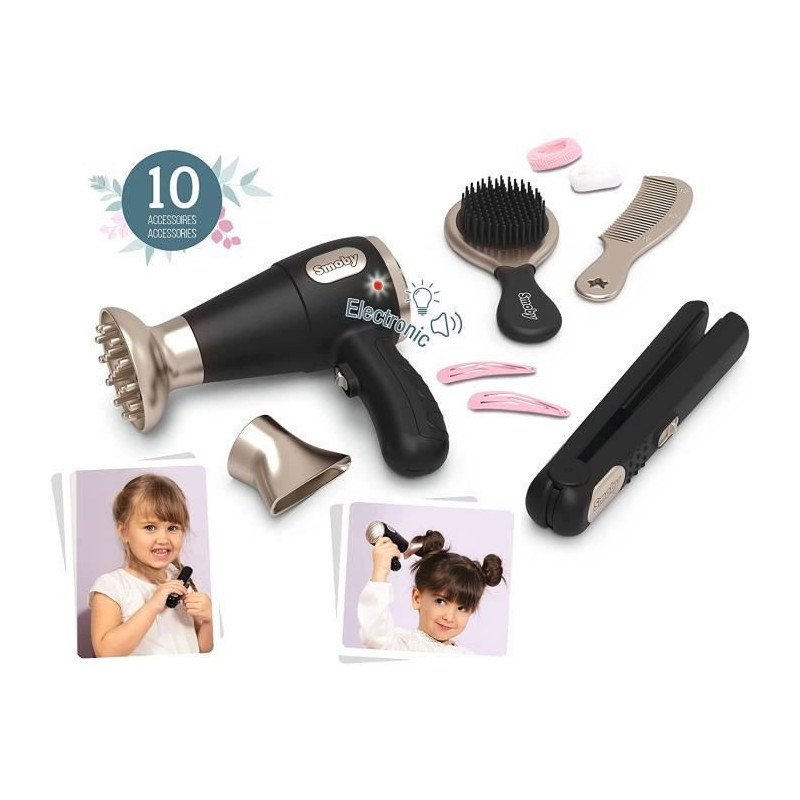 Smoby - My Beauty Hair Set - Set de Coiffure Enfant - Lisseur et Seche-Cheveux Factices - Fonctions Electroniques - 320144