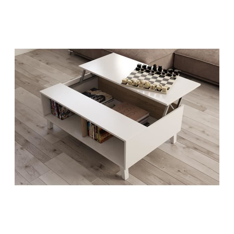 ZAIKEN PLUS Table basse scandinave blanc brillant et decor chene - L 100 cm