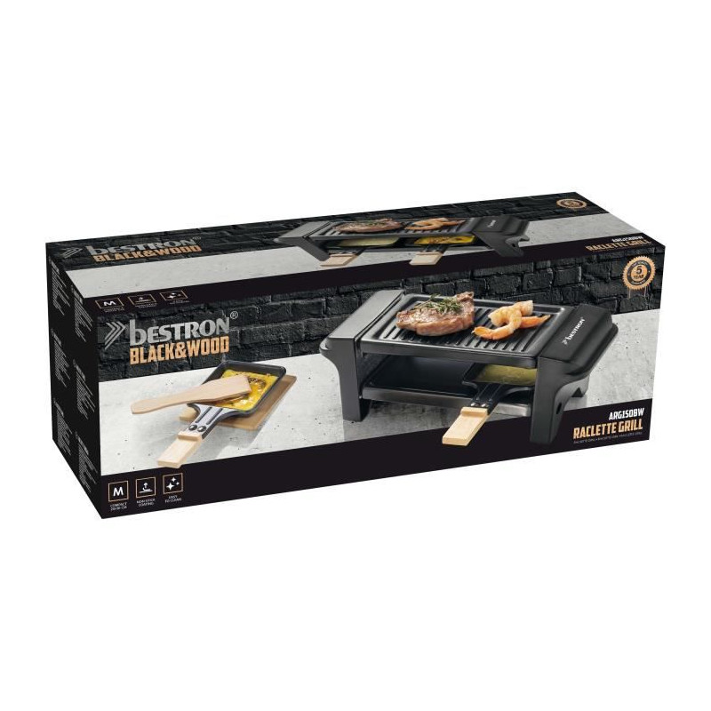 Bestron Appareil a raclette, Mini Grill pour 1 a 2 personnes, avec 2 poelons et 2 spatules, 350 Watts, couleur: noir/bois