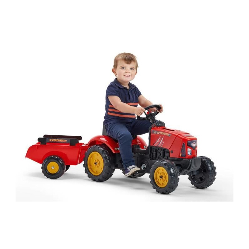 FALK - Tracteur a pedales Supercharger rouge avec capot ouvrant et remorque