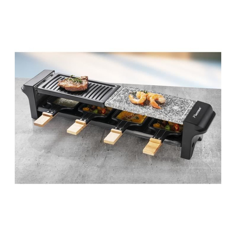 Bestron Appareil a raclette pour 4 personnes, barbecue de table electrique avec 4 poelons, 4 spatules en bois et 4 soucoupes, No