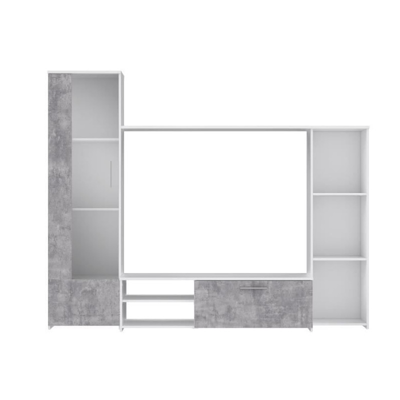 PILVI  Meuble TV - Blanc mat et beton gris clair - L 220,4 x P41,3 x H177,5 cm