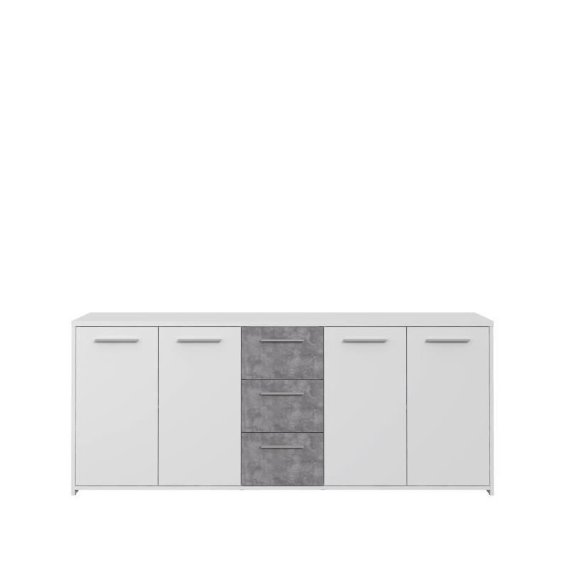 Buffet bas 4 portes 3 tiroirs - Blanc et decor gris beton - L 179 x P 42 x H 74,5 cm
