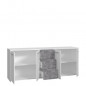Buffet bas 4 portes 3 tiroirs - Blanc et decor gris beton - L 179 x P 42 x H 74,5 cm