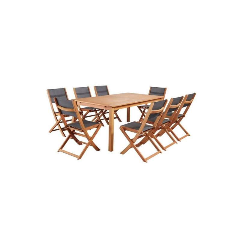 Ensemble repas de jardin  6 a 8 personnes - Table extensible 180-240 x 100 cm + 6 chaises assises textilene - Bois Eucalyptus FS
