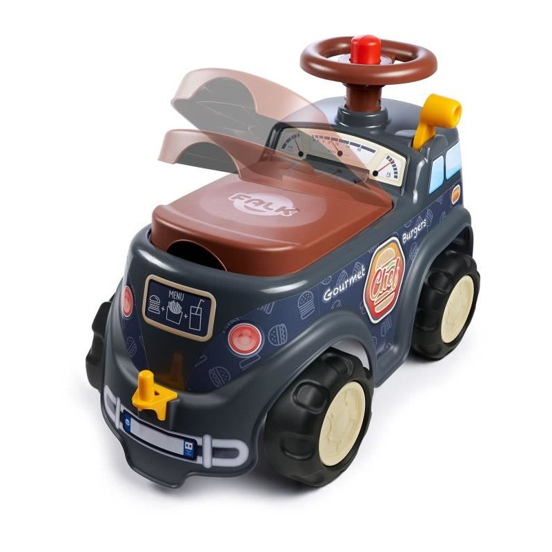 FALK - Porteur Food Truck - assise ouvrante, volant directionnel avec klaxon, remorque et accessoires