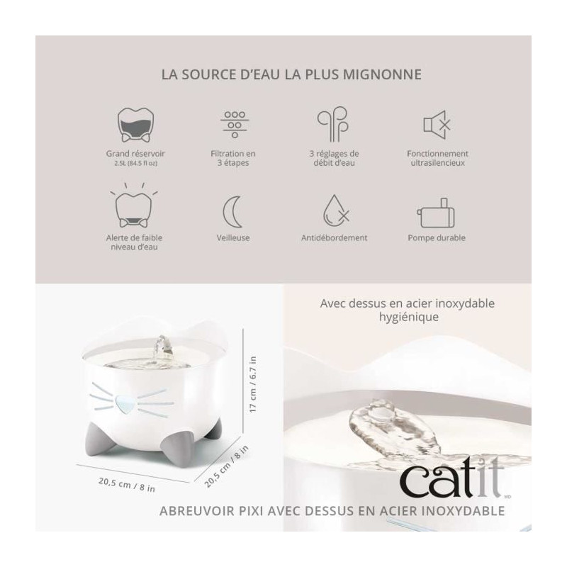 CAT IT Fontaine a eau automatique pour chat - 2,5 L Acier inox et filtre