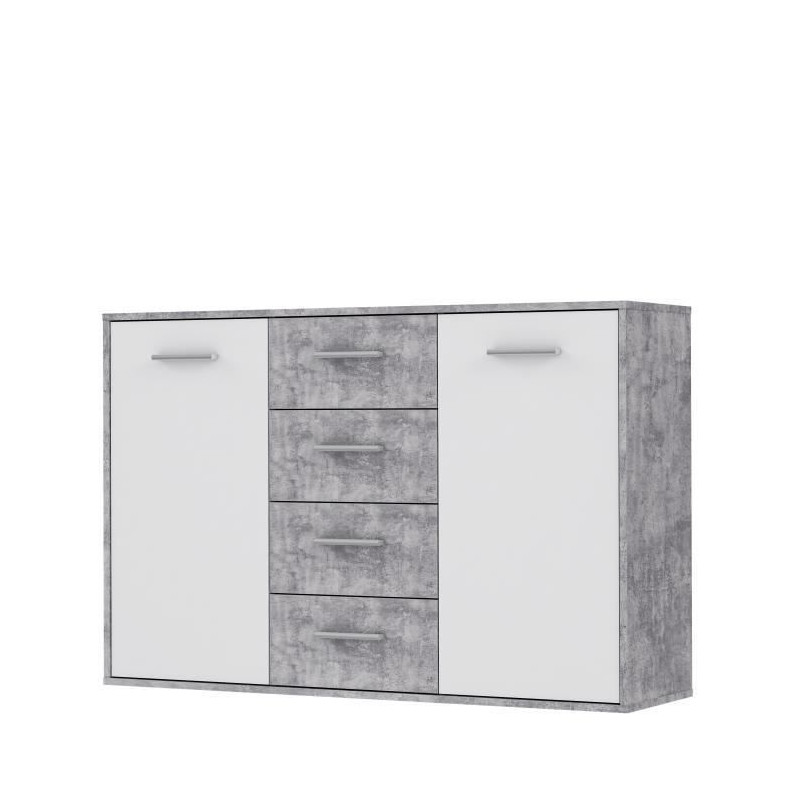 PILVI Buffet bas 2 portes 4 tiroirs - Blanc et beton gris clair - L 122,6 x P 34,2 H 88,1 cm