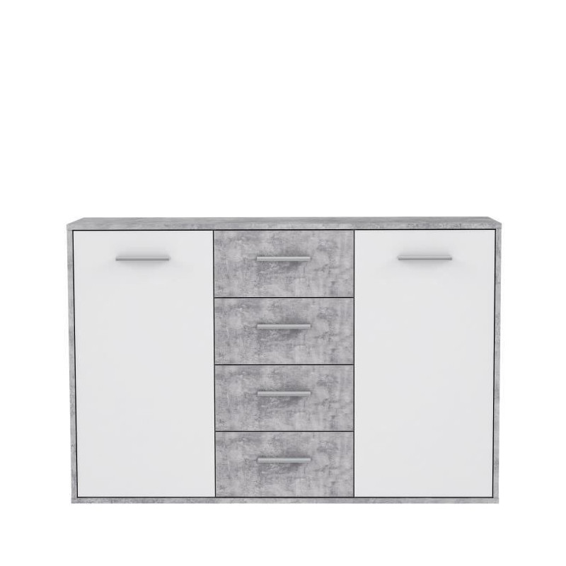 PILVI Buffet bas 2 portes 4 tiroirs - Blanc et beton gris clair - L 122,6 x P 34,2 H 88,1 cm