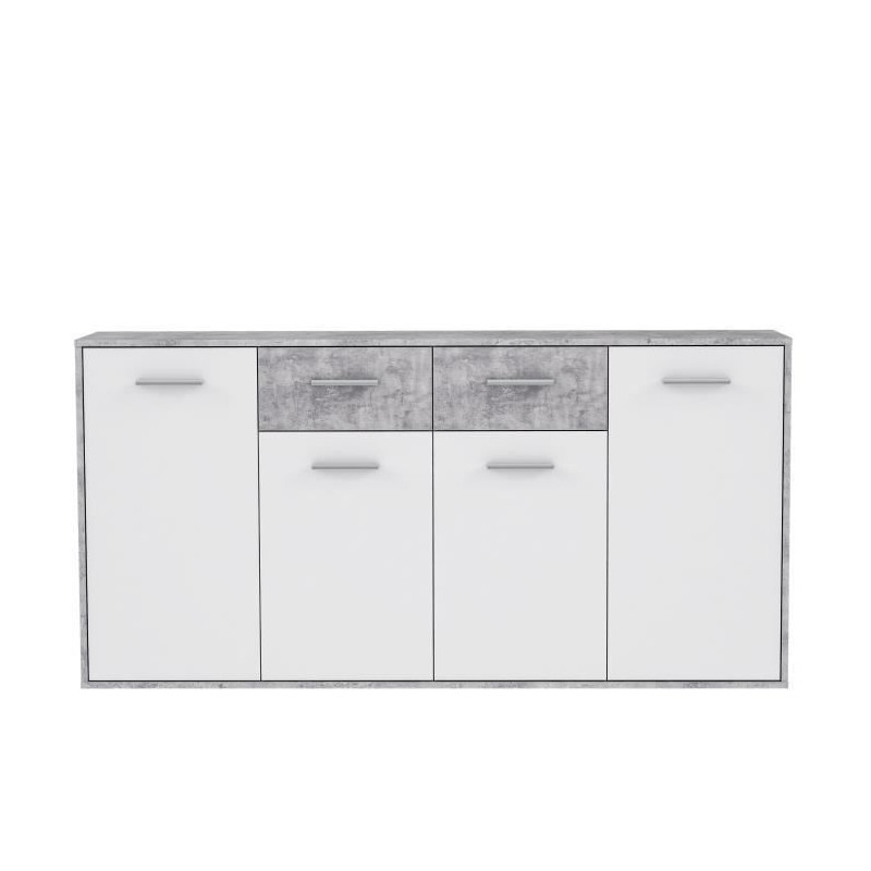 PILVI Buffet bas 4 portes 4 tiroirs - Blanc et beton gris clair - L 162,3 x P 34,2 x H 88,1 cm