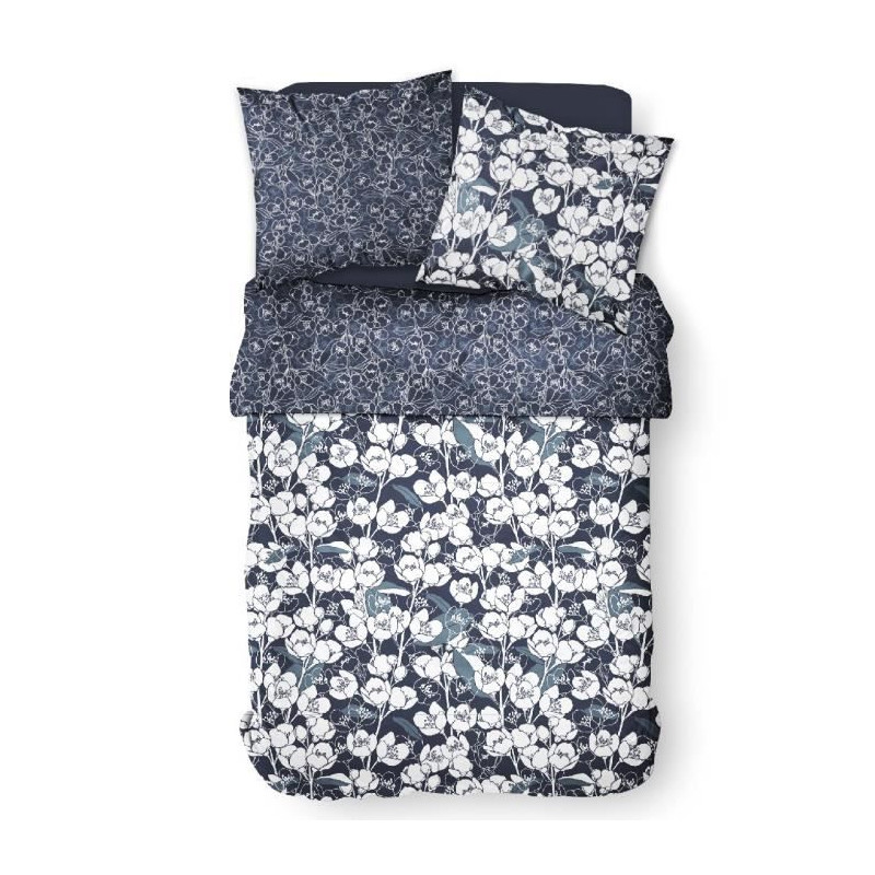 Parure de lit Mawira - 2 personnes - 260 x 240 cm - 100% coton - Bleu marine Motif Floral - TODAY