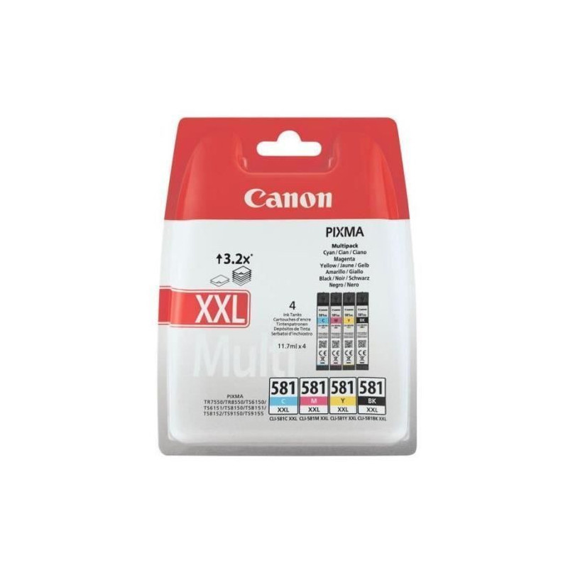 CANON Pack de 4 cartouches dencre a tres Haut rendement CLI-581XXL - Noir / Jaune / Cyan / Magenta