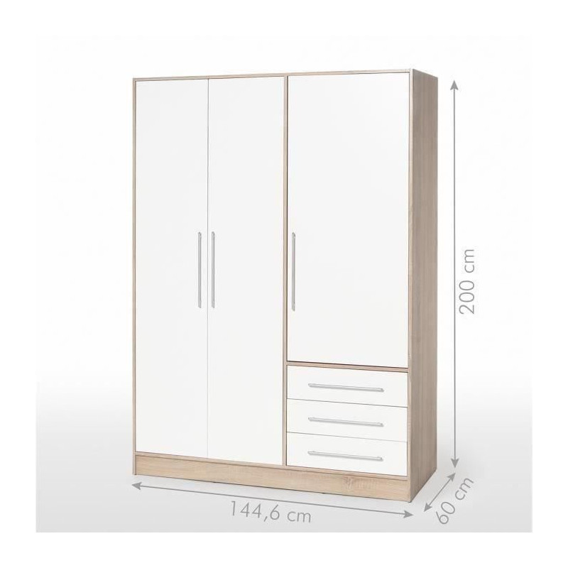 JUPITER Armoire de chambre style contemporain en bois agglomere chene et blanc - L 144,6 cm