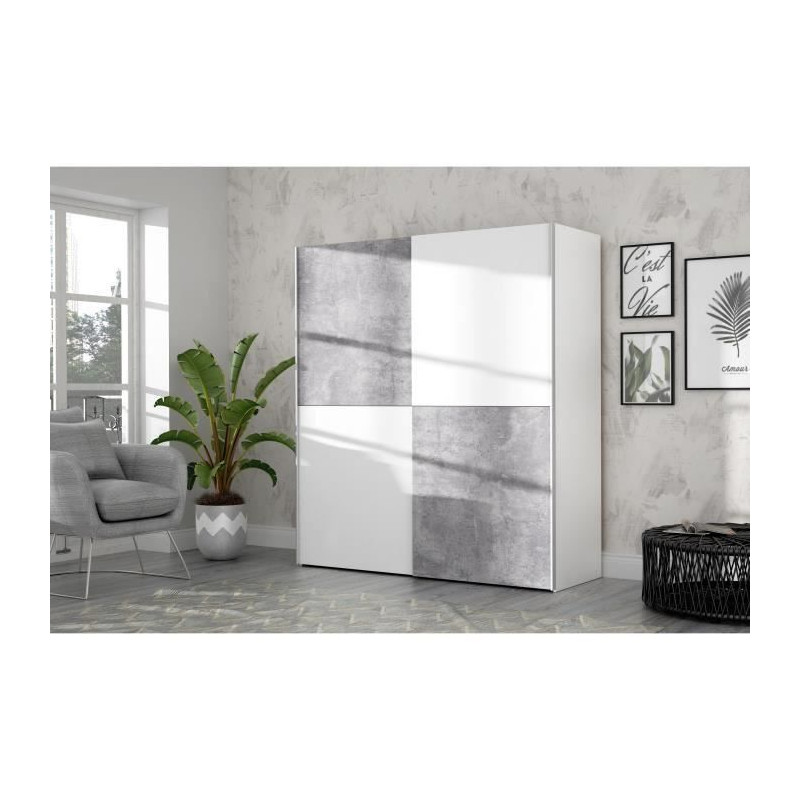 ULOS  Armoire 2 portes coulissantes - Decor beton gris clair et blanc - L 170.3 cm