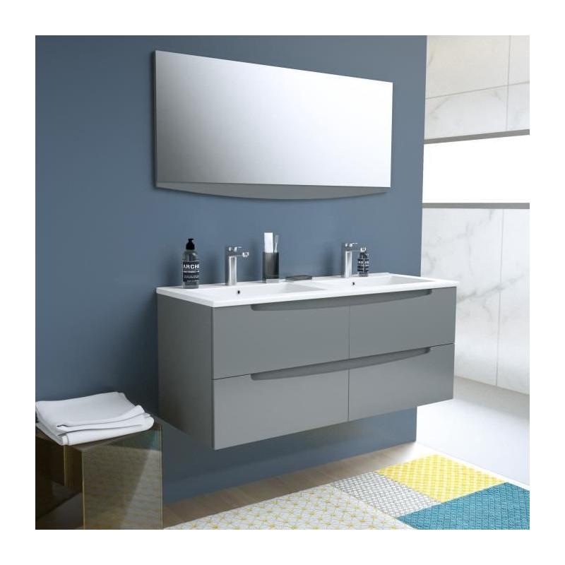 SMILE Salle de bain double vasque + miroir L 120 cm - 4 tiroirs a fermeture ralenties - Anthracite