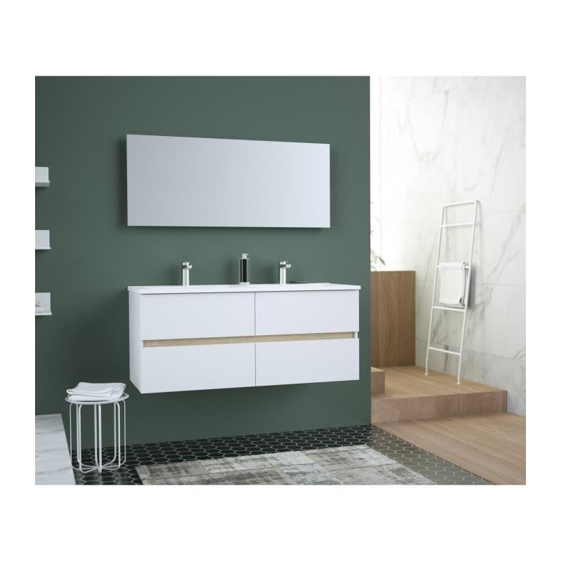 TOTEM Salle de bain 120cm - 4 tiroirs fermetures ralenties - double vasque en ceramique + miroir