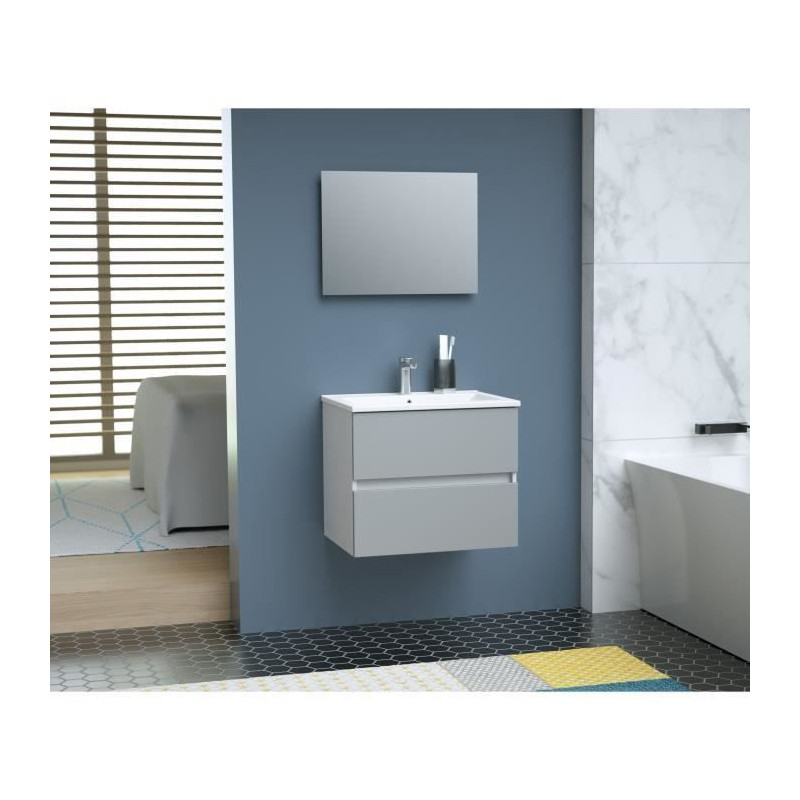 TOTEM Salle de bain 60cm - Gris - 2 tiroirs fermetures ralenties - simple vasque en ceramique + miroir