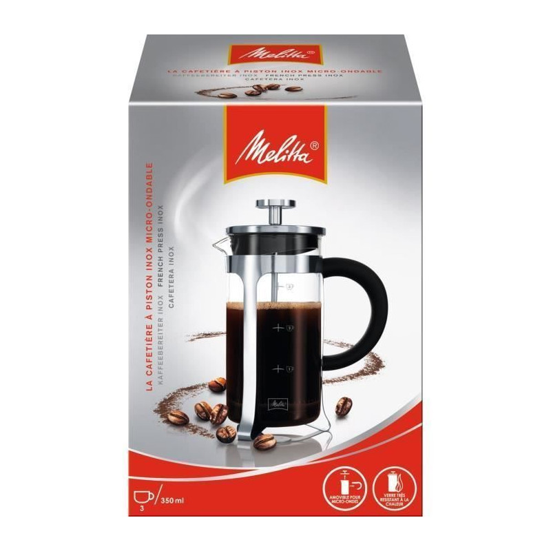 MELITTA Cafetiere a piston Micro-Ondable Premium en verre et inox 3 tasses