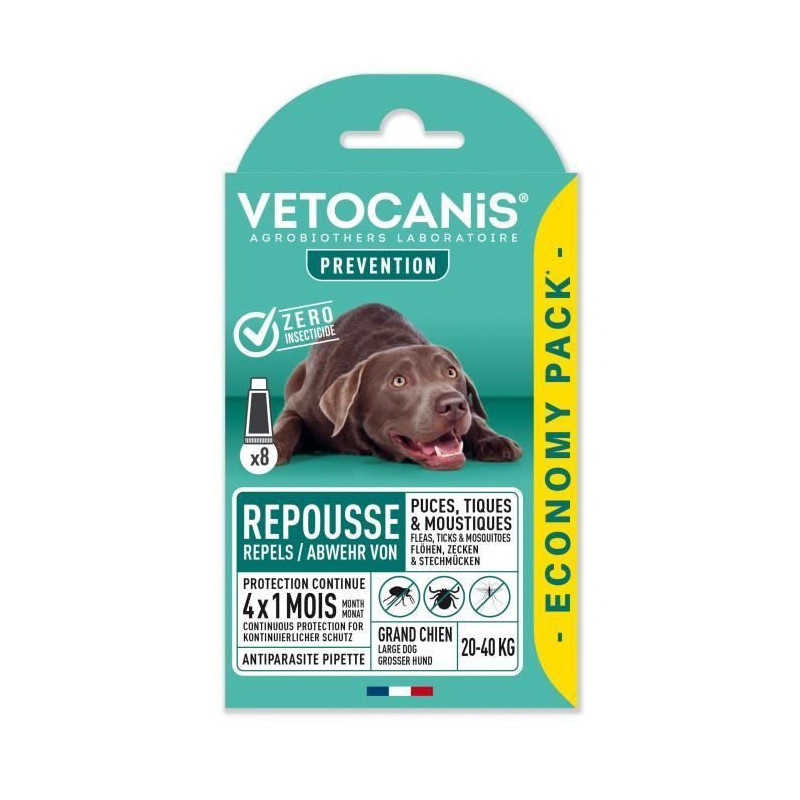 VETOCANIS 8 Pipettes anti-puces et anti-tiques - Pour grand chien 20-40 kg - 4x 1 mois de protection