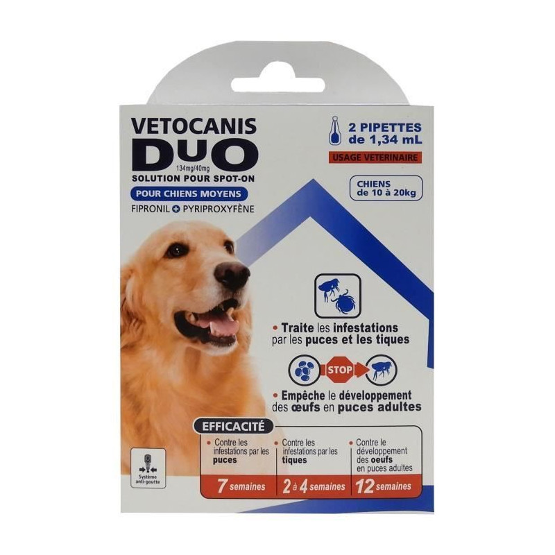 VETOCANIS Anti-puces et anti-tiques Duo Spot on - 2 pipettes - Efficacite 7 semaines - Pour moyen chien