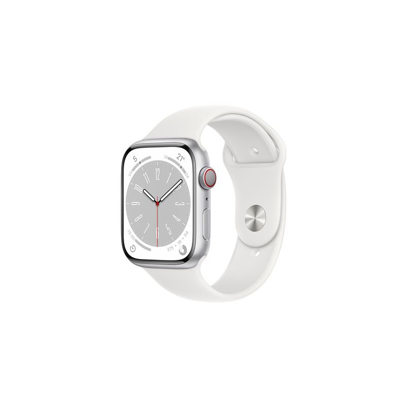 Apple Watch Series 8 GPS + Cellular, boîtier Acier inoxydable argent 45mm avec Bracelet Blanc
