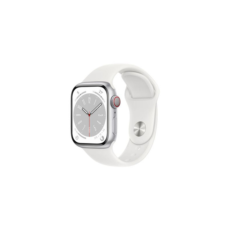 Apple Watch Series 8 GPS + Cellular, boîtier Acier inoxydable argent 41mm avec Bracelet Blanc