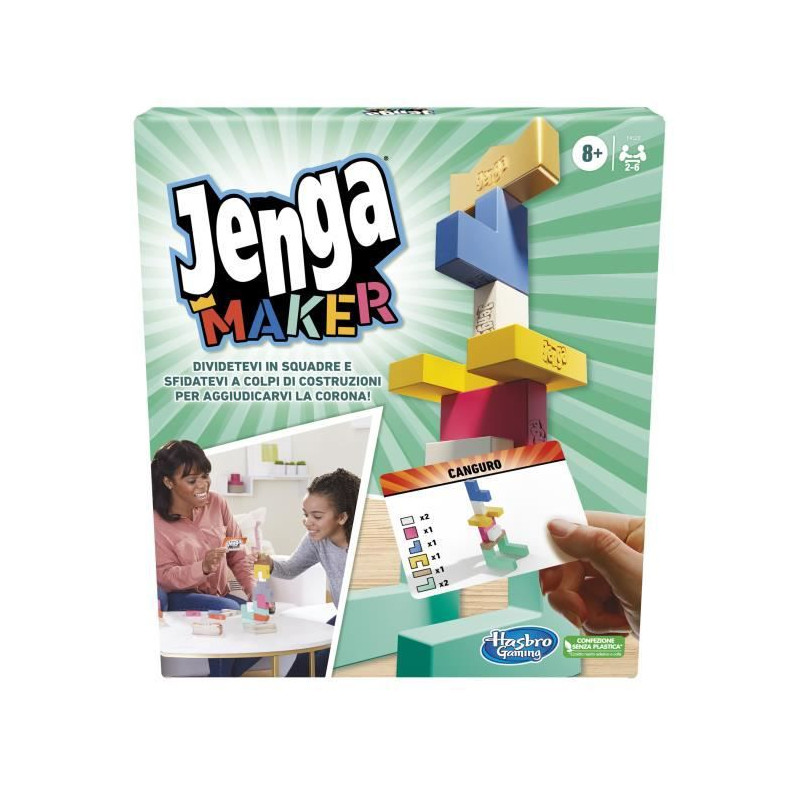 Jenga Maker, tour d'empilage avec blocs en bois massif véritable, jeu pour enfants, a partir de 8 ans, pour 2 a 6 joueurs