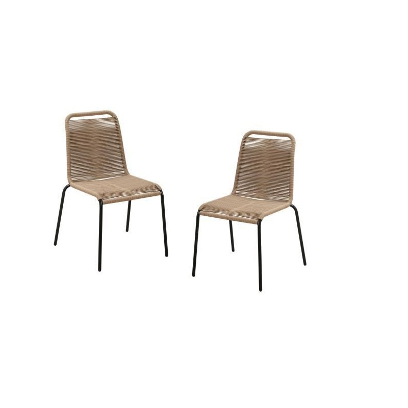 Lot de 2 chaises de jardin - Métal avec tissage simple en corde, empilable - Couleur : Epoxy noir - cordes naturelles