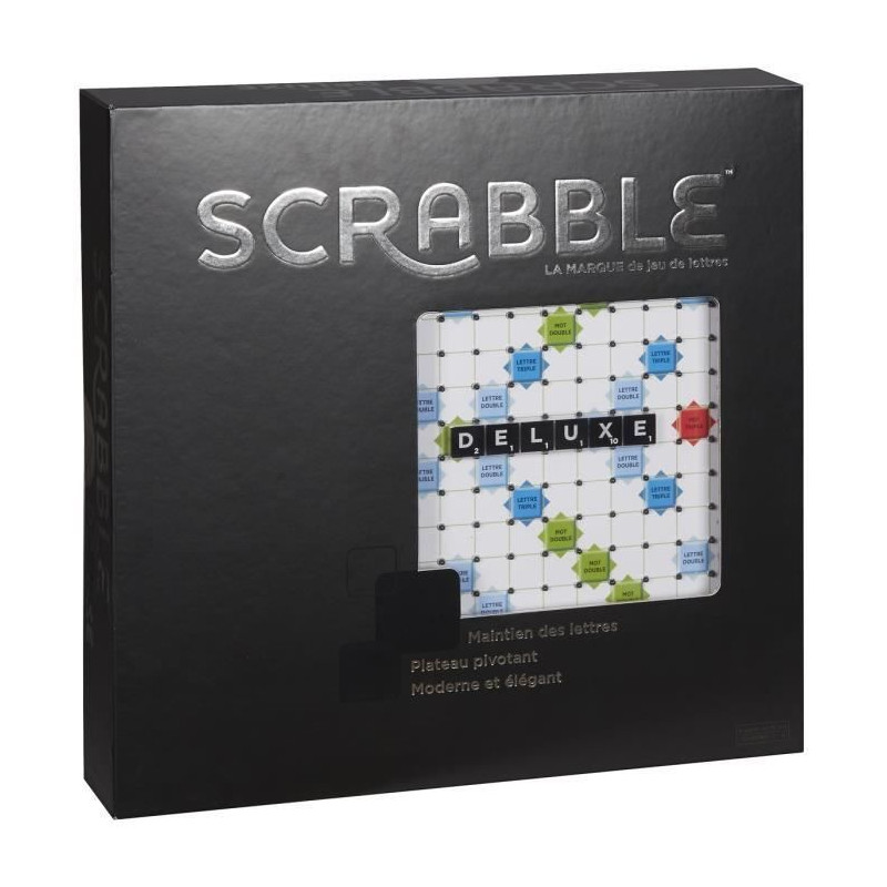 SCRABBLE - Scrabble Deluxe - Jeu de Societe - Scrabble noir + argent avec plateau pivotant et systeme dencoches
