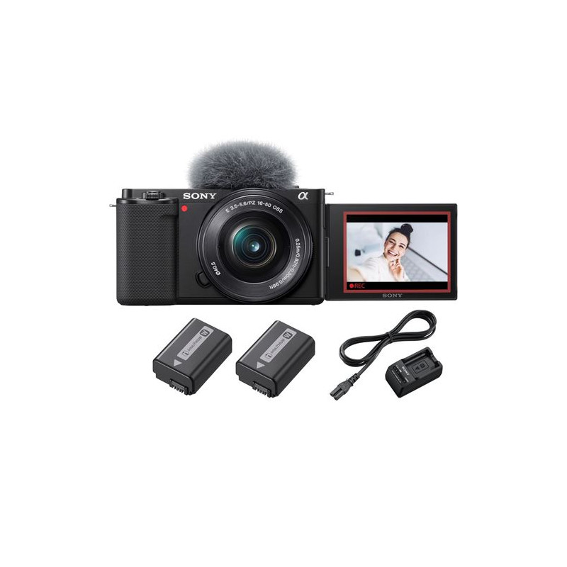 Pack Fnac Vlogging hybride Sony ZV E10 + E PZ 16 50mm f 3,5 5,6 OSS + 2ème batterie + Chargeur de batterie
