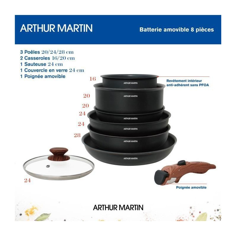 Batterie de cuisine 8 pieces ARTHUR MARTIN - Aluminium - Poignée Bois - Tous feux dont induction