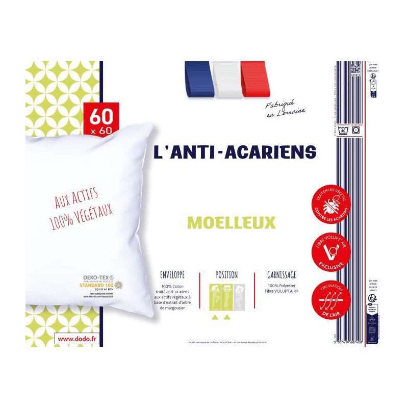 Oreiller - L'ANTI-ACARIENS - Aux actifs 100% végétaux - 60 x 60 cm - Polyester et fibre Volupt'air - DODO