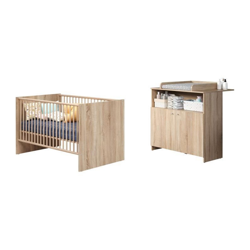 Chambre bébé duo NIKO - Lit 70x140 cm + Commode a langer 2 portes - Décor chene naturel - TRENDTEAM